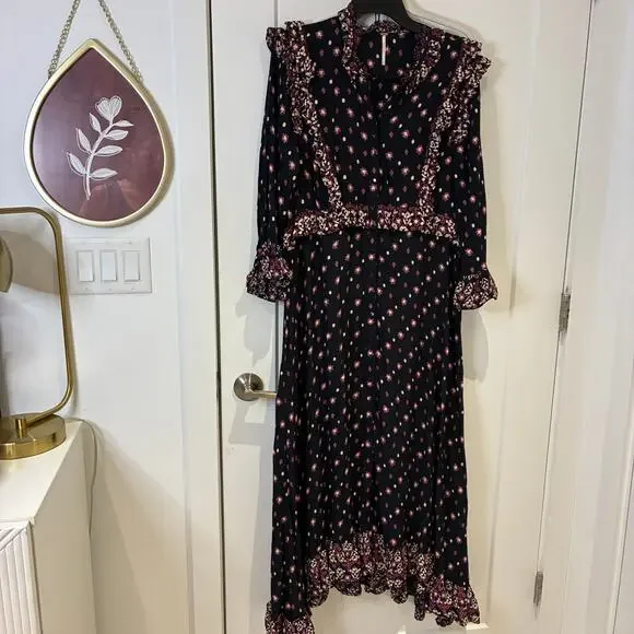 Free People Black Ruffle Trim Callico Skies Midi Dress Sz Medium - Picture 3 of 12